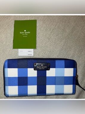 KATE SPADE Blue Plaid Check Gingham- Blue Checkered Long Wallet- NWT